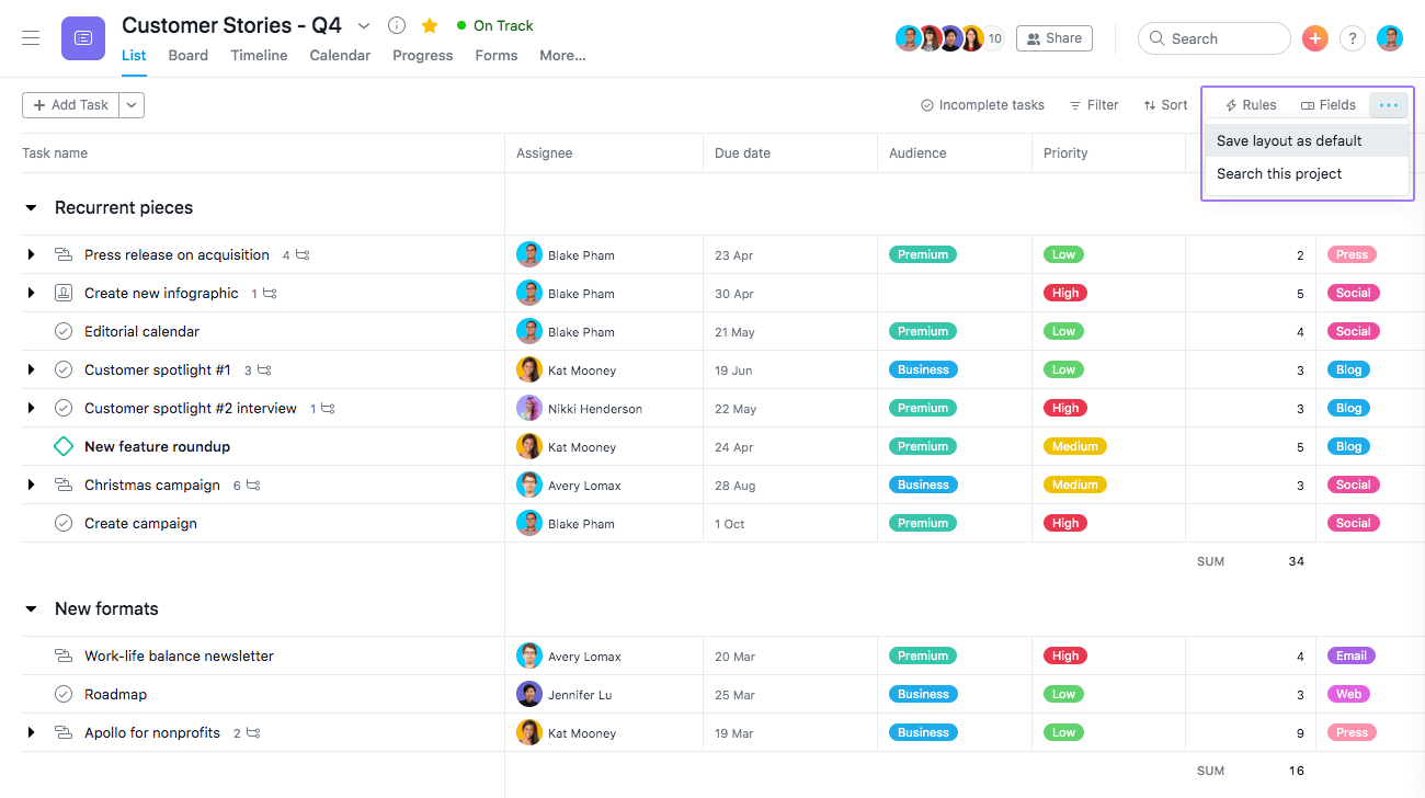 Visualização em lista do Asana